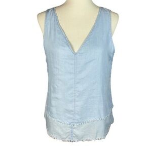 Ecru Light Blue Sleeveless Raw Edge Hem Top - Size Medium